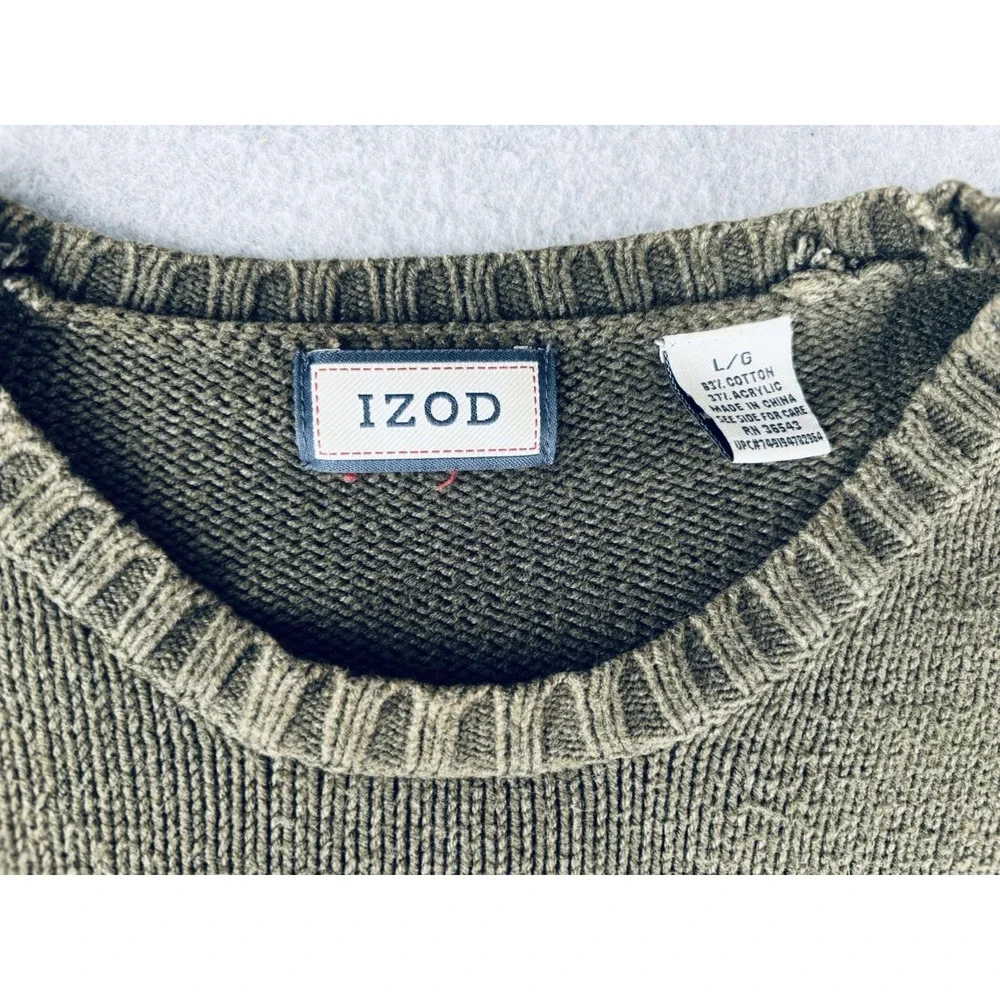 IZOD Men's Sweater Large Dark Green Pullover Knit Crewneck Casual Ribbed - Picture 3 of 10